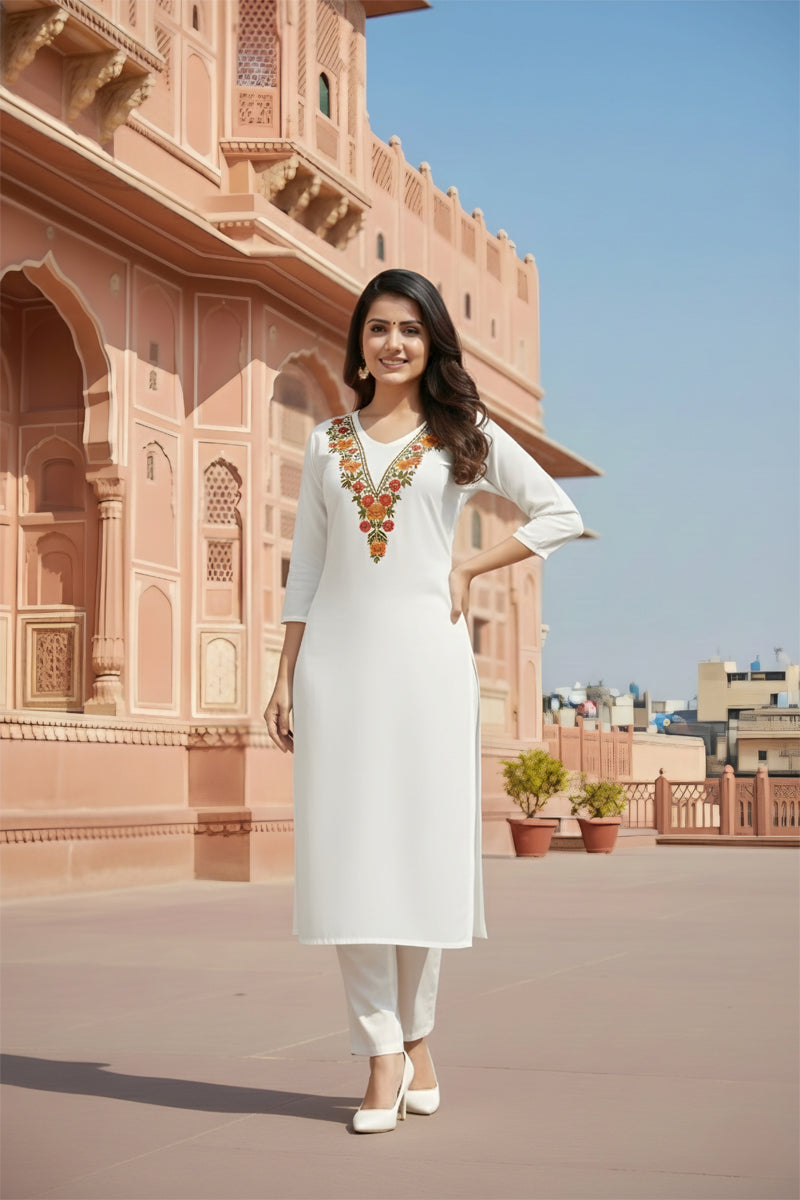 SRS Fashion White Embroidered Rayon Straight Kurta Set - Dista