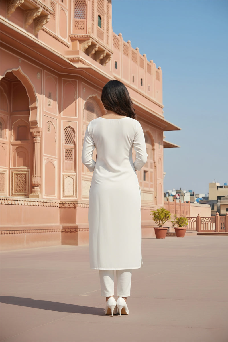 SRS Fashion White Embroidered Rayon Straight Kurta Set - Dista