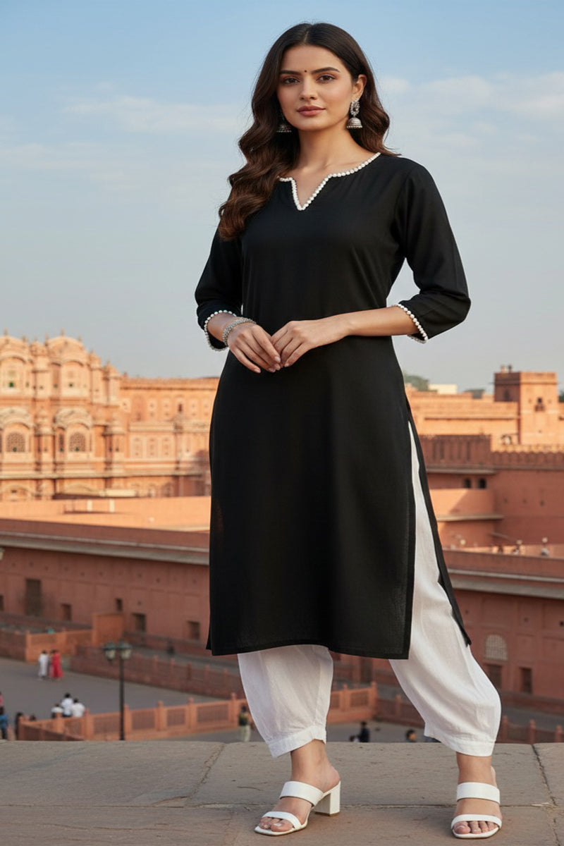 SRS Fashion Black Embroidered Rayon Straight Kurta Set - Dista