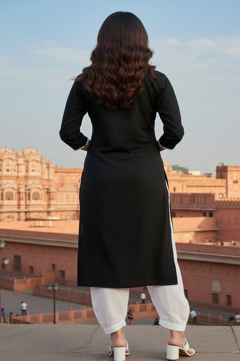 SRS Fashion Black Embroidered Rayon Straight Kurta Set - Dista