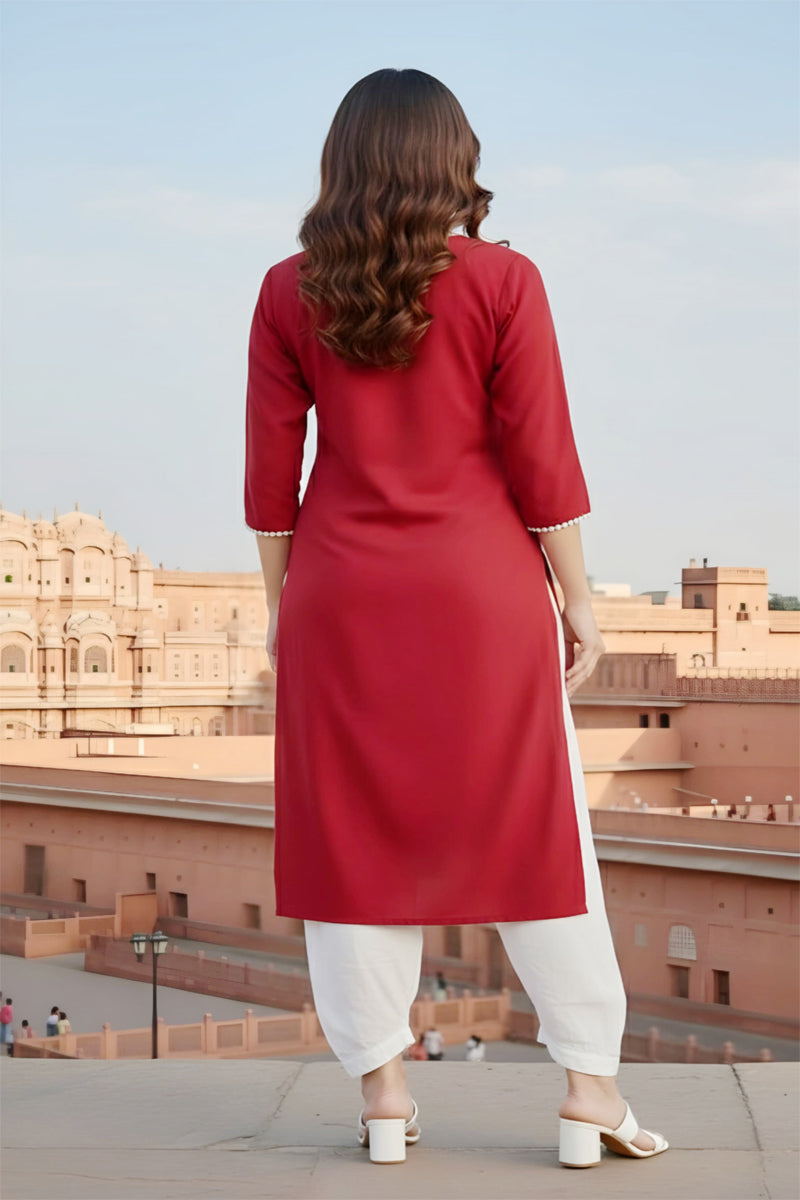 SRS Fashion Red Embroidered Rayon Straight Kurta Set - Dista