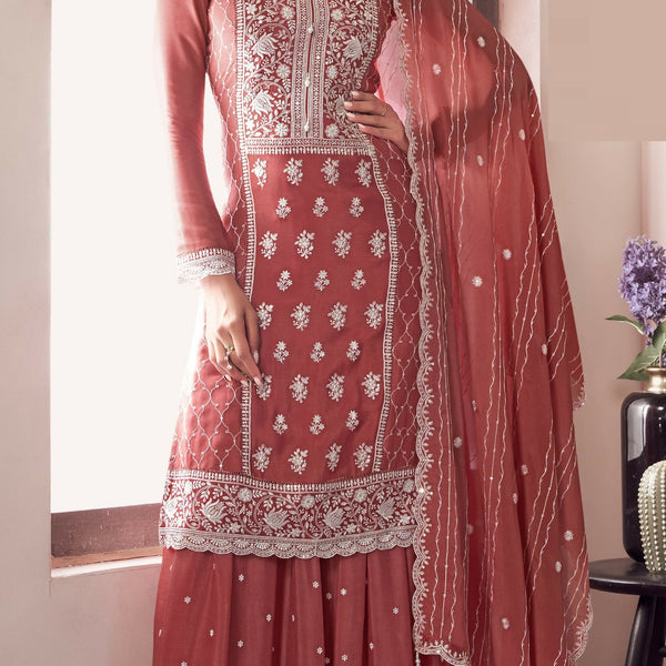 Anaita Peach Embroidered Work Silk Stitched Sharara Suit
