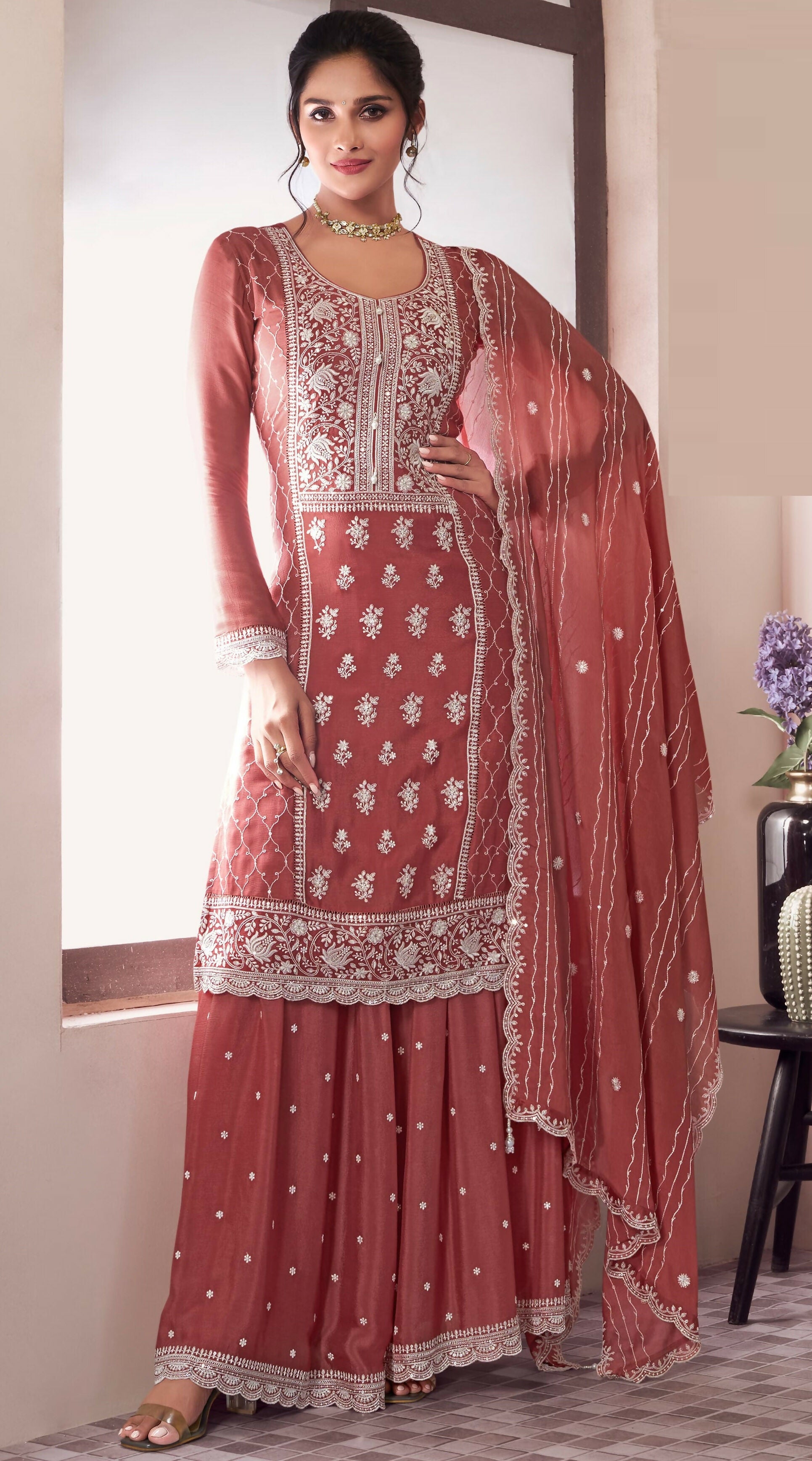 Anaita Peach Embroidered Work Silk Stitched Sharara Suit