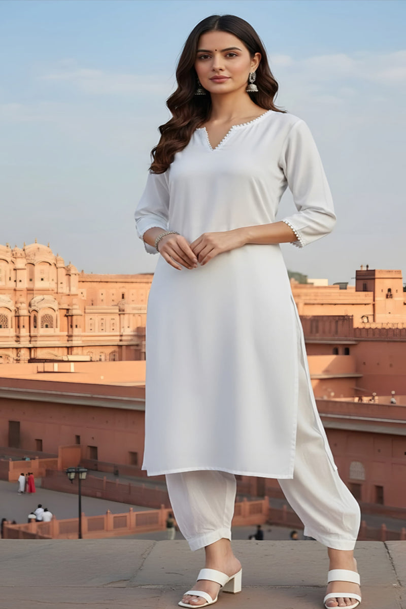 SRS Fashion White Embroidered Rayon Straight Kurta Set - Dista