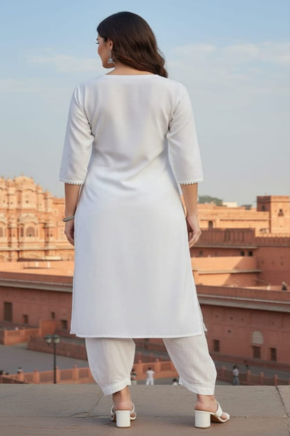 SRS Fashion White Embroidered Rayon Straight Kurta Set - Dista