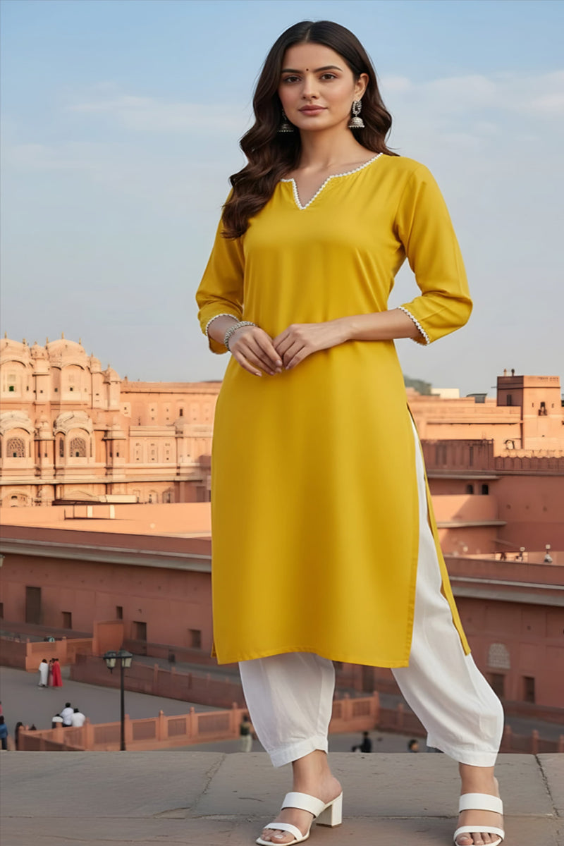 SRS Fashion Yellow Embroidered Rayon Straight Kurta Set - Dista