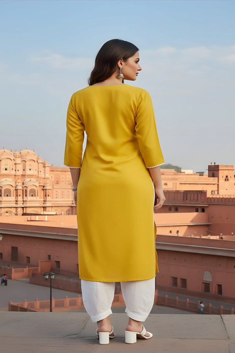 SRS Fashion Yellow Embroidered Rayon Straight Kurta Set - Dista