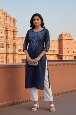 Thumbnail for SRS Fashion Blue Embroidered Rayon Straight Kurta Set - Dista