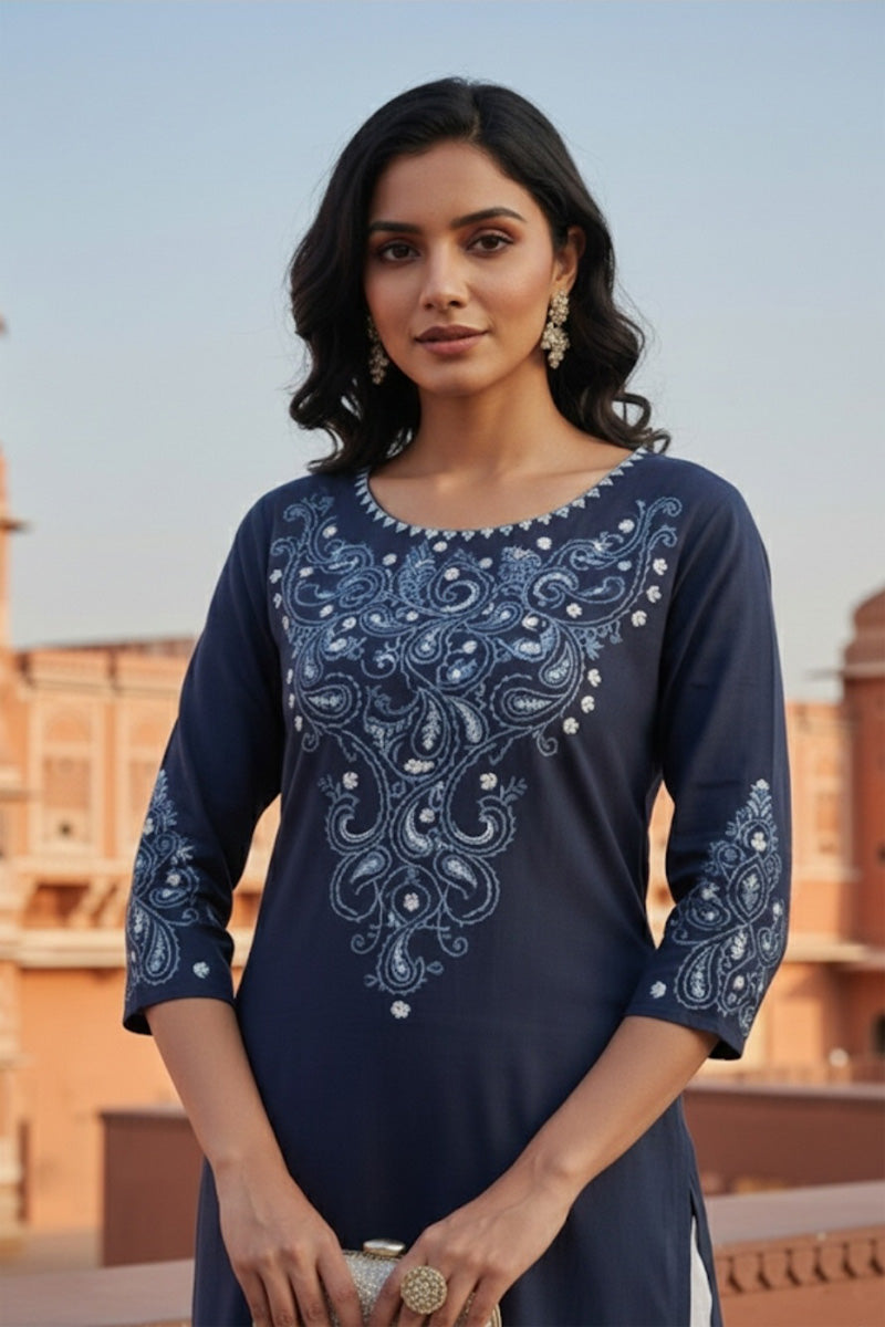 SRS Fashion Blue Embroidered Rayon Straight Kurta Set - Dista