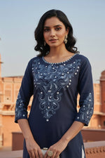 Thumbnail for SRS Fashion Blue Embroidered Rayon Straight Kurta Set - Dista
