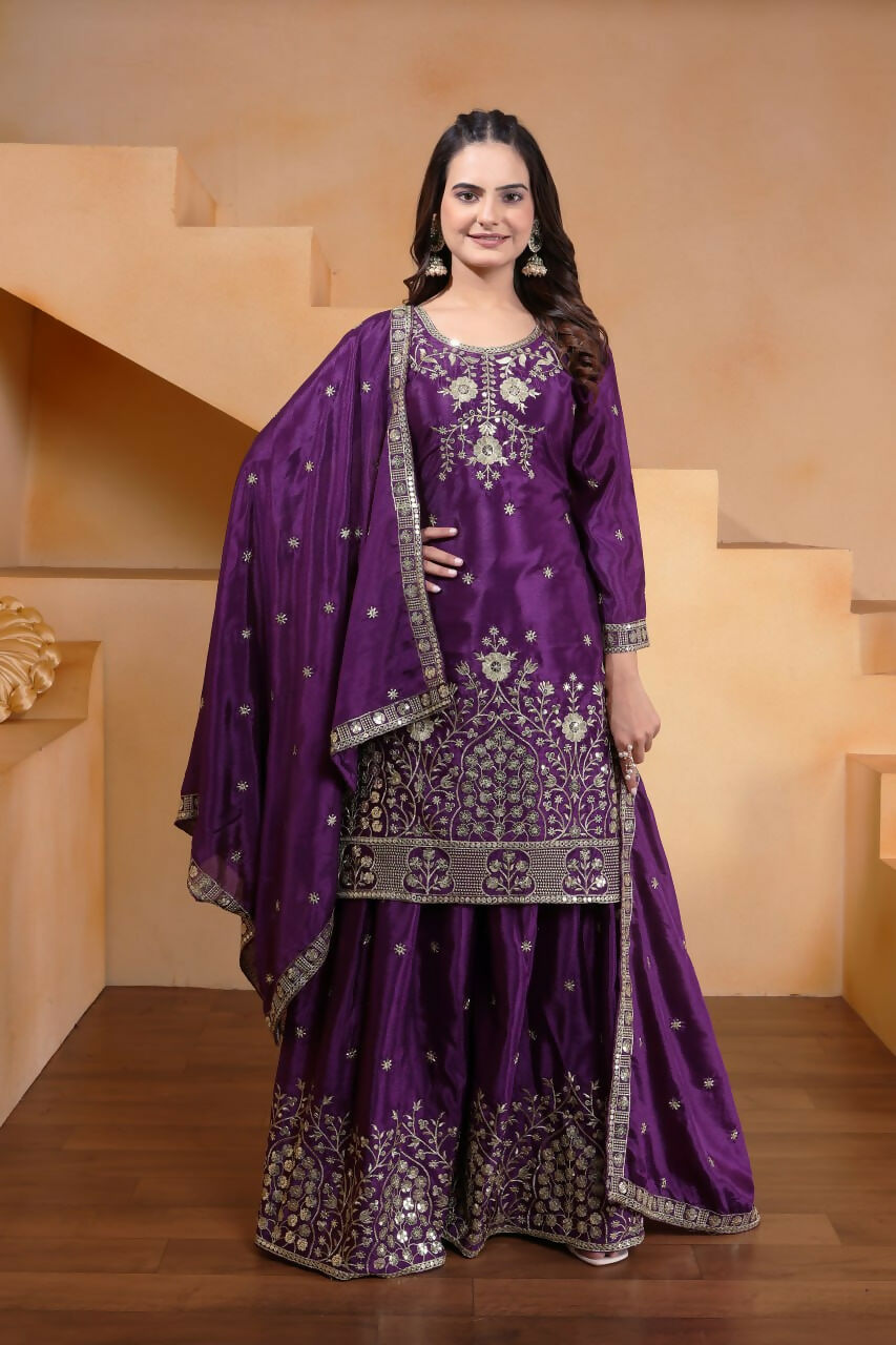 Joban Fashion Purple Silk Embroidered Sharara Set - Distacart