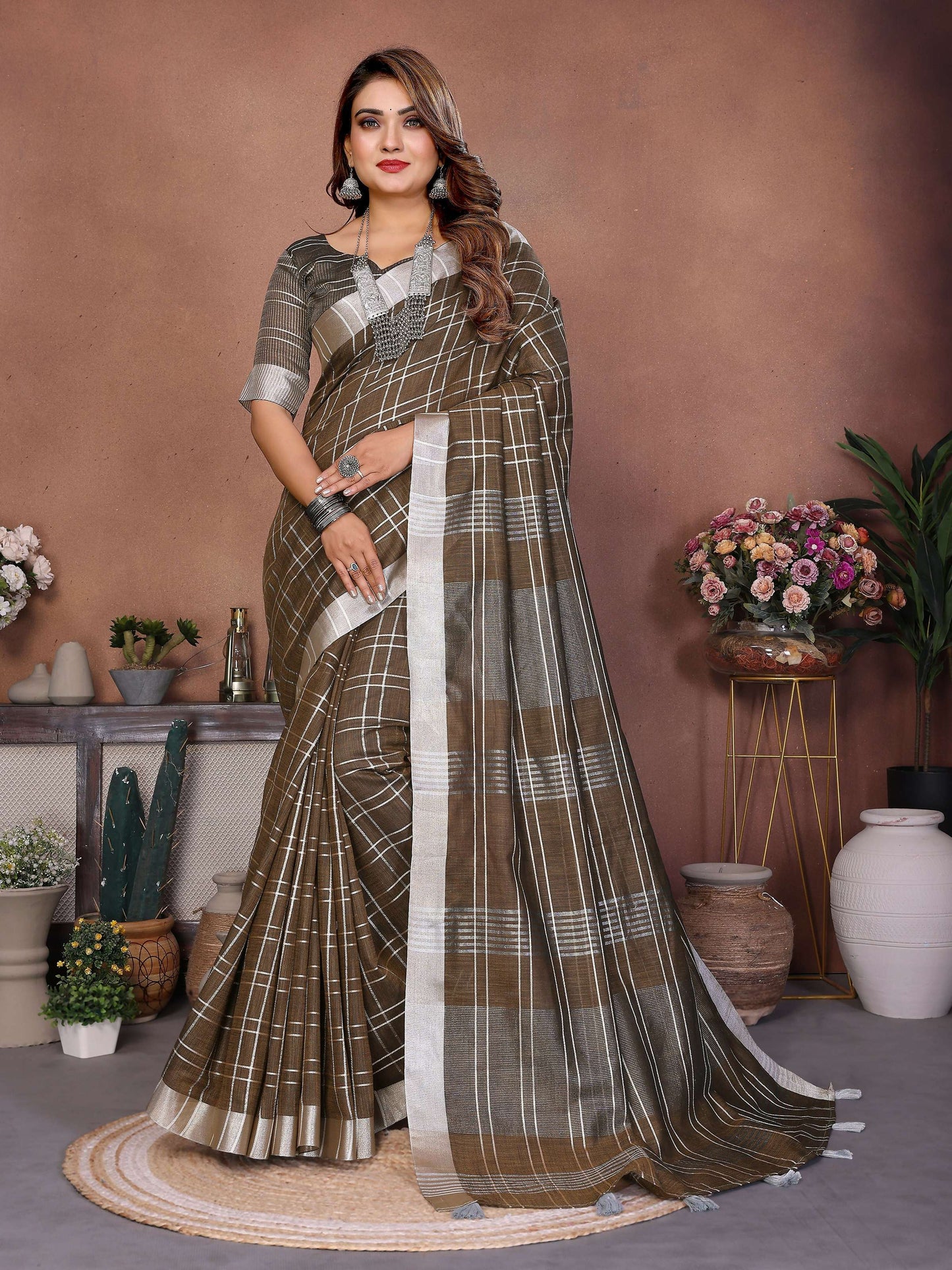 Aastha Fashion Light Brown Linen Weaving Saree - Distacart
