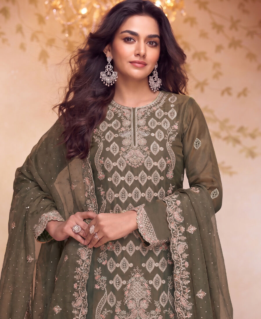 KC Heavy Embroidery Worked Two Ton Moss Silk Grey Suit For Women - Dista