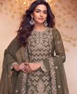 Thumbnail for KC Heavy Embroidery Worked Two Ton Moss Silk Grey Suit For Women - Dista