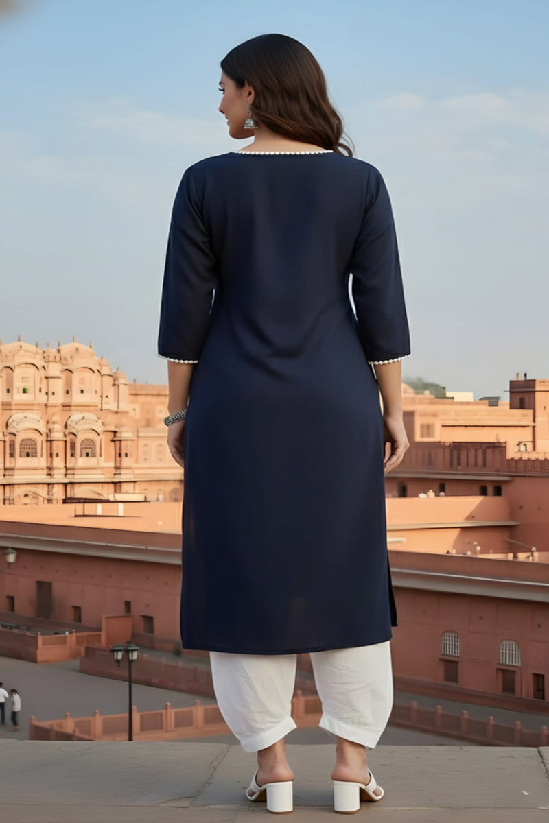 SRS Fashion Blue Embroidered Rayon Straight Kurta Set - Dista