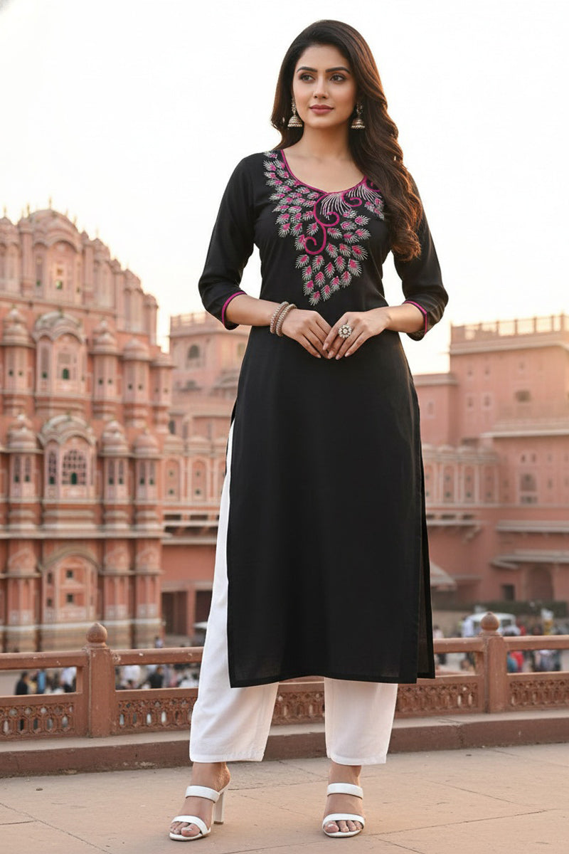 SRS Fashion Black Embroidered Rayon Straight Kurta Set - Dista
