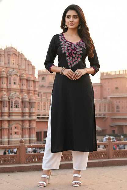 SRS Fashion Black Embroidered Rayon Straight Kurta Set - Dista