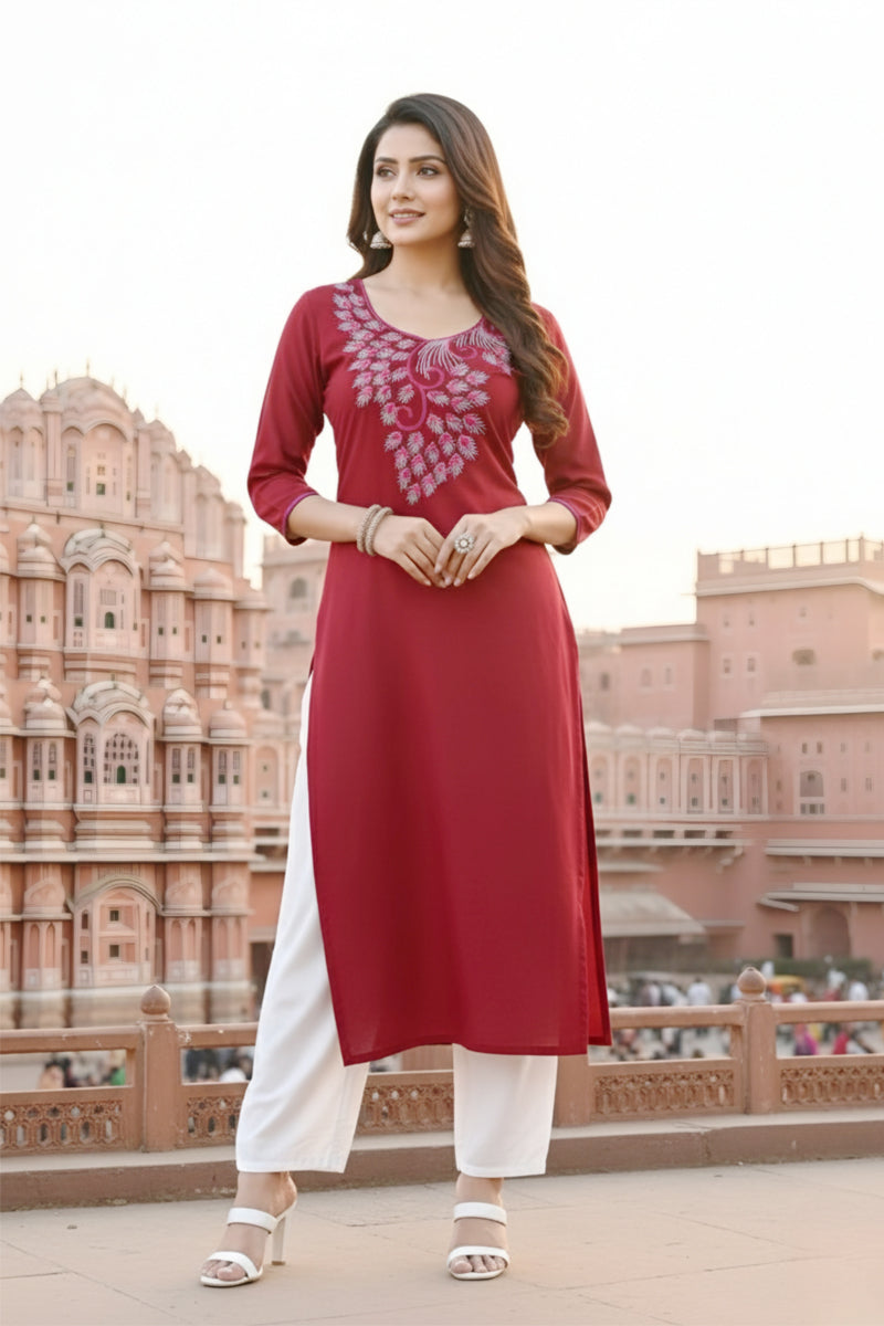 SRS Fashion Red Embroidered Rayon Straight Kurta Set - Dista