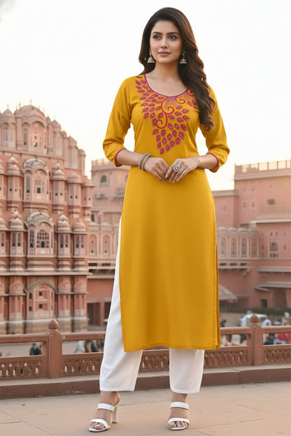 SRS Fashion Yellow Embroidered Rayon Straight Kurta Set - Dista