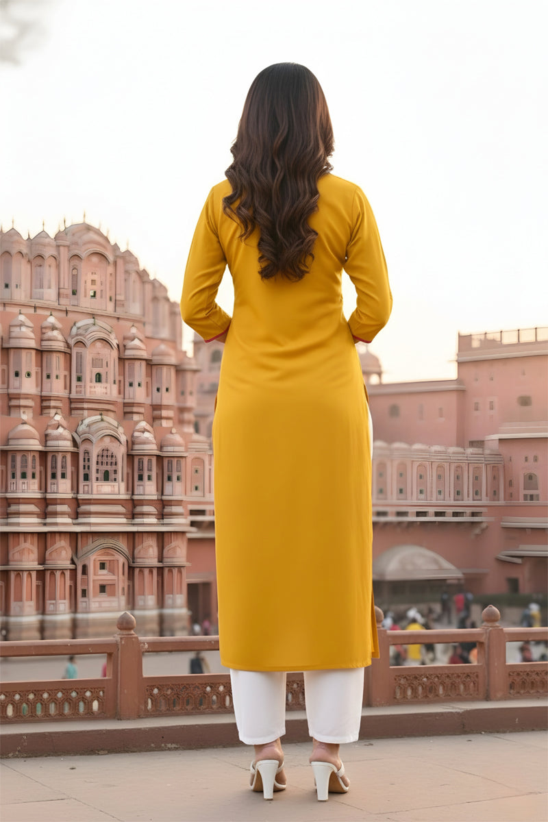 SRS Fashion Yellow Embroidered Rayon Straight Kurta Set - Dista