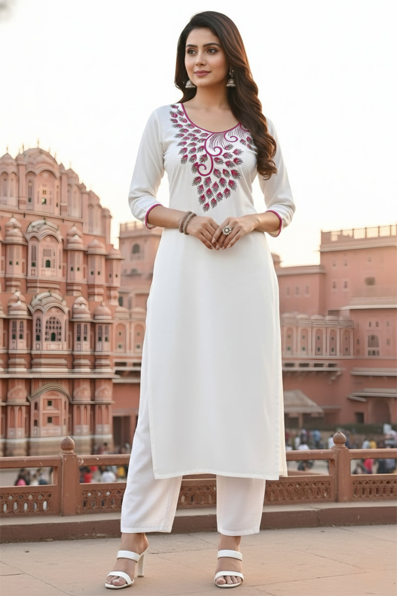 SRS Fashion White Embroidered Rayon Straight Kurta Set - Dista