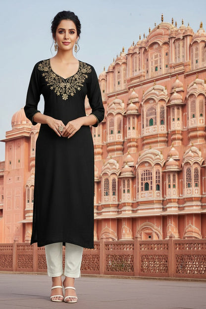 SRS Fashion Black Embroidered Rayon Straight Kurta Set - Dista