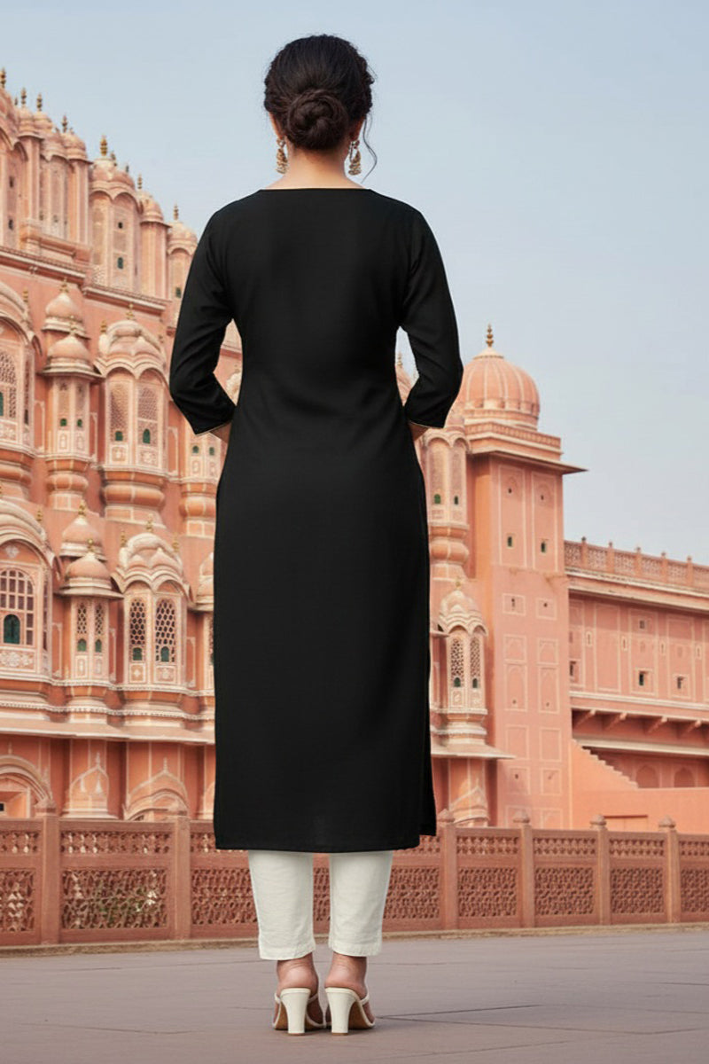 SRS Fashion Black Embroidered Rayon Straight Kurta Set - Dista