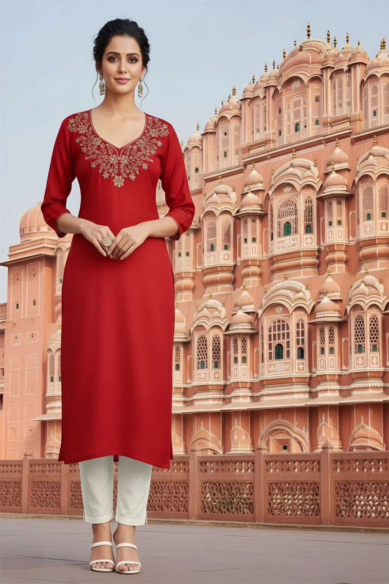 SRS Fashion Red Embroidered Rayon Straight Kurta Set - Dista