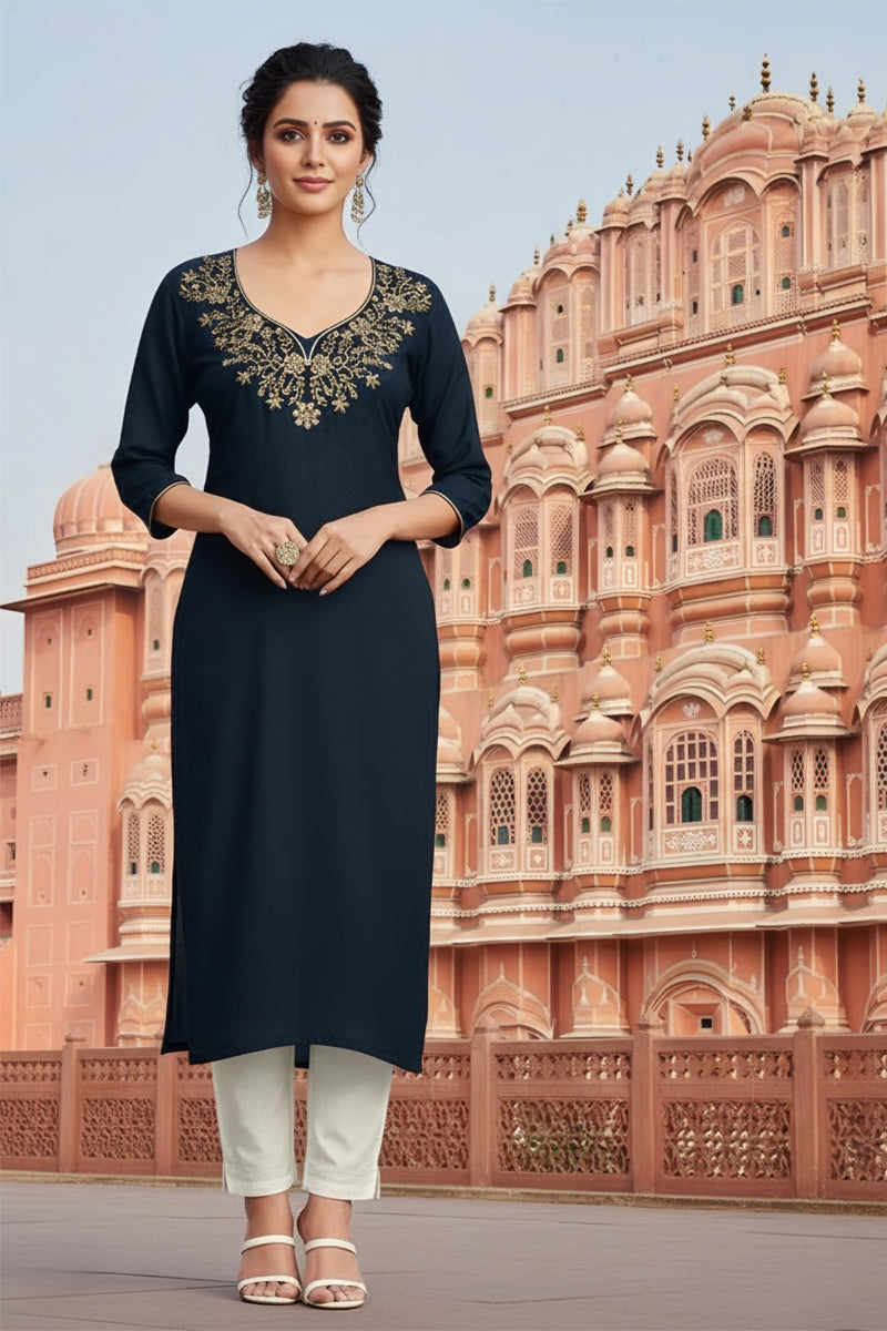 SRS Fashion Blue Embroidered Rayon Straight Kurta Set - Dista