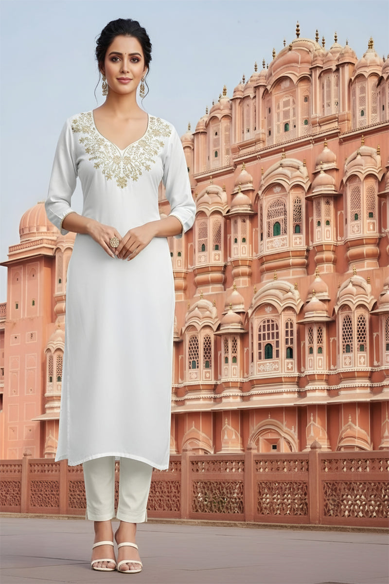 SRS Fashion White Embroidered Rayon Straight Kurta Set - Dista