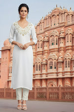 Thumbnail for SRS Fashion White Embroidered Rayon Straight Kurta Set - Dista