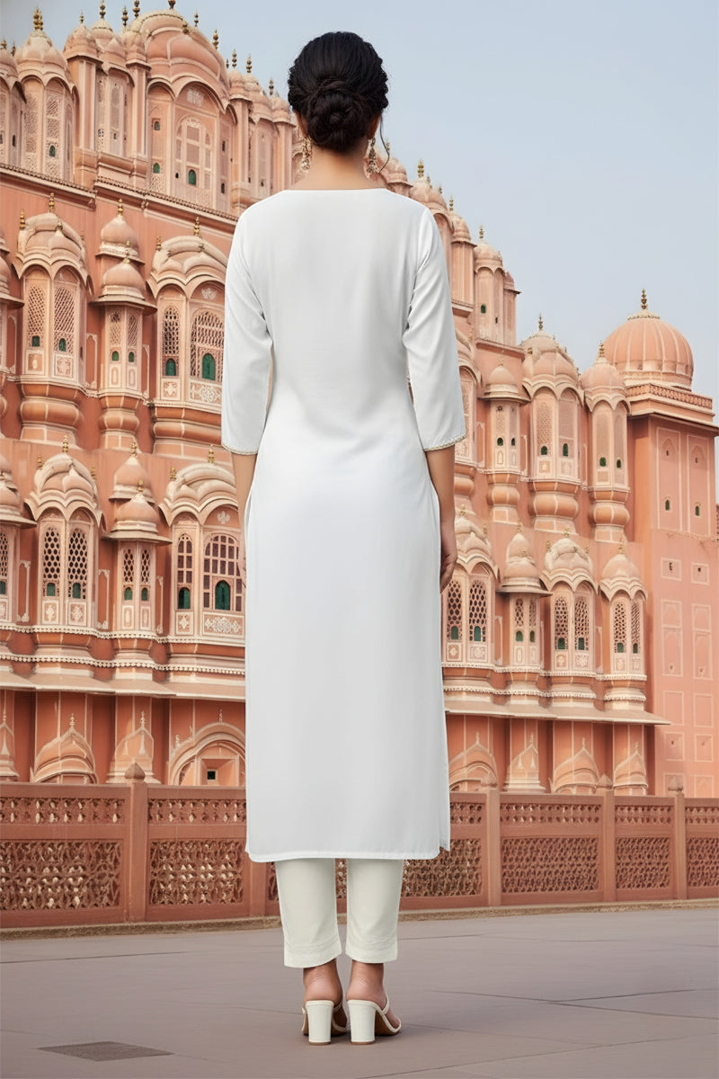 SRS Fashion White Embroidered Rayon Straight Kurta Set - Dista