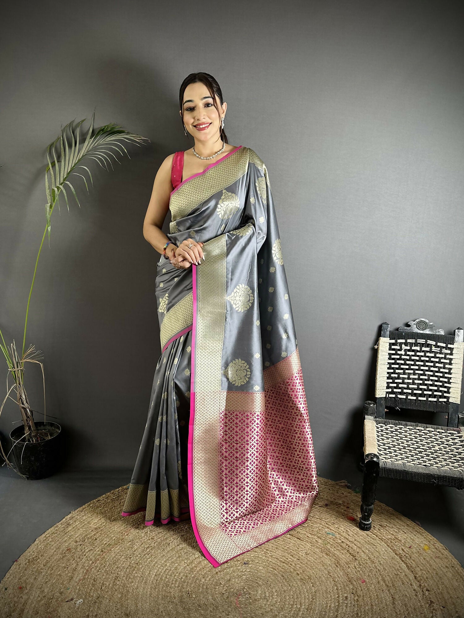 Joban Fashion Grey Woven Butti Soft Silk Banarasi Silk Saree