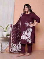 Thumbnail for Miravan Womens Plus Size Wine Floral Kurta With Palazzo And Dupatta Set - Distacart