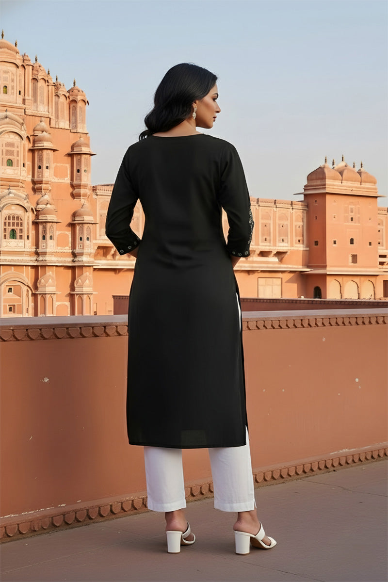 SRS Fashion Black Embroidered Rayon Straight Kurta Set - Dista