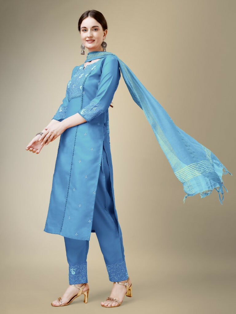 Jyoti Fashion Women's Sky Blue Cotton Blend Embroidery & Fancy Lace work Kurta with Trouser & Dupatta - Distacart