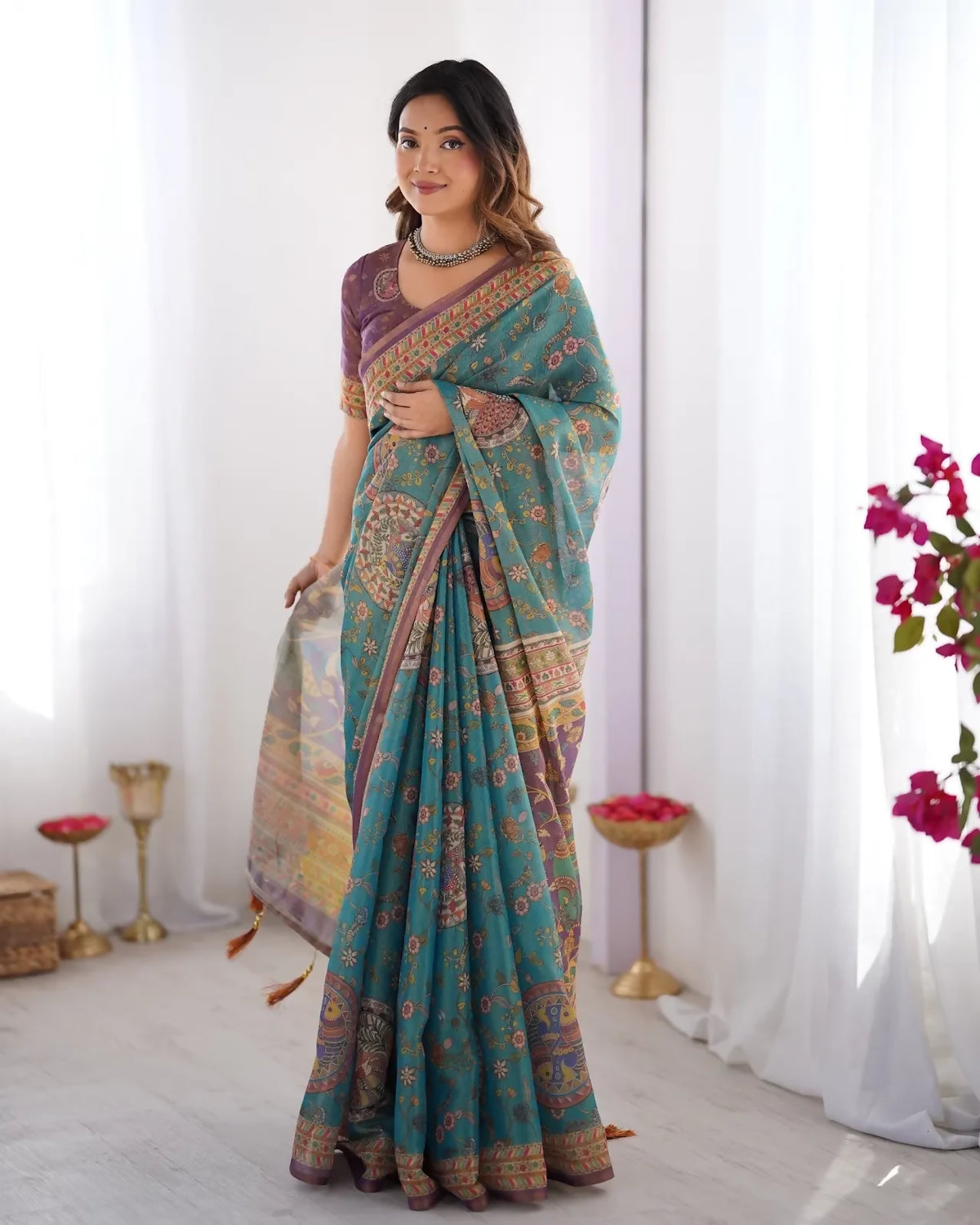 Prime Volt Teal Blue Linen Tissue Silk Saree with Multicolor Floral Print, Contrast Purple Blouse and Designer Border