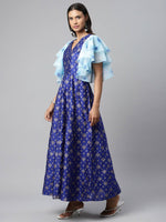 Thumbnail for Ahalyaa Women Royal Blue Poly Silk Gold Paste Printed Dress - Distacart