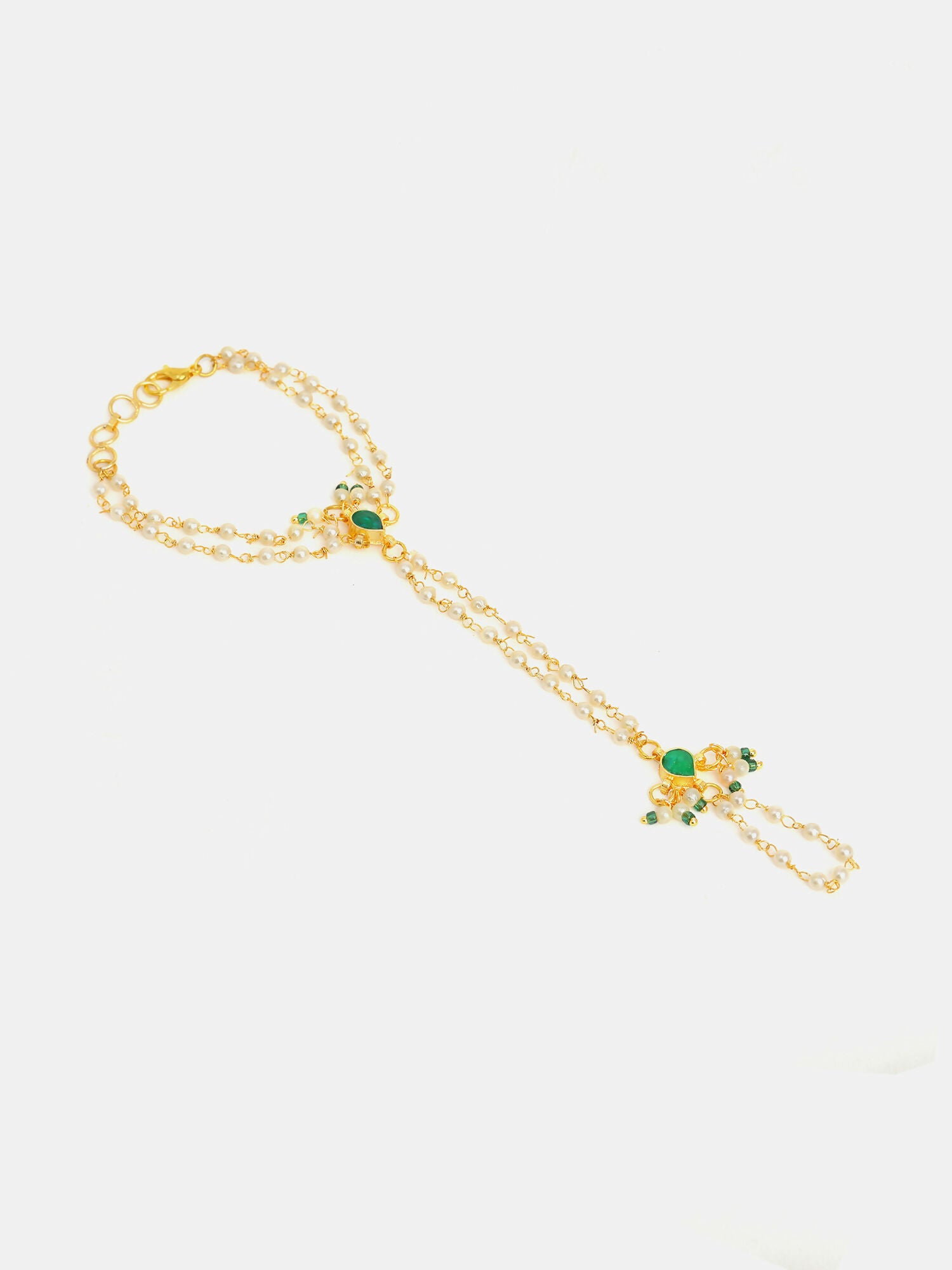 Ruby Raang Gold Hand Accessory With Green- White Kundan And Pearls - Distacart