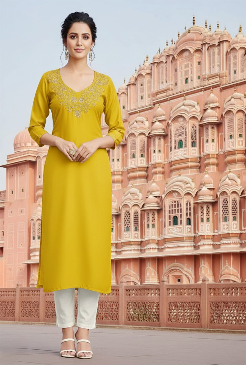 SRS Fashion Yellow Embroidered Rayon Straight Kurta Set - Dista