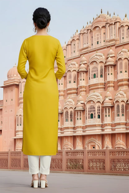 SRS Fashion Yellow Embroidered Rayon Straight Kurta Set - Dista