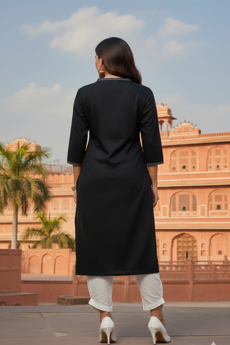 SRS Fashion Black Embroidered Rayon Straight Kurta Set - Dista
