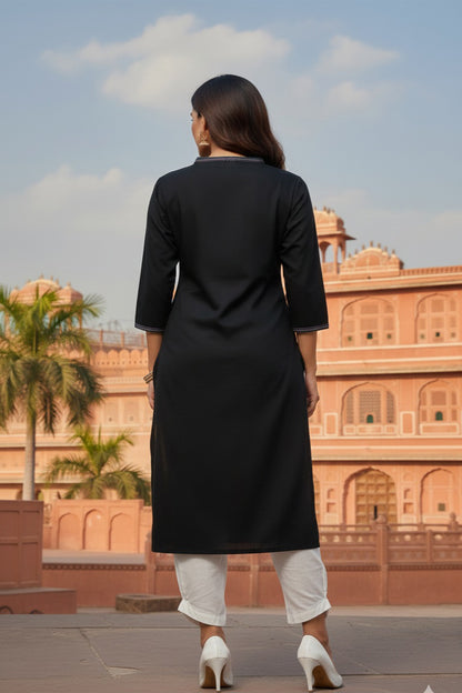 SRS Fashion Black Embroidered Rayon Straight Kurta Set - Dista