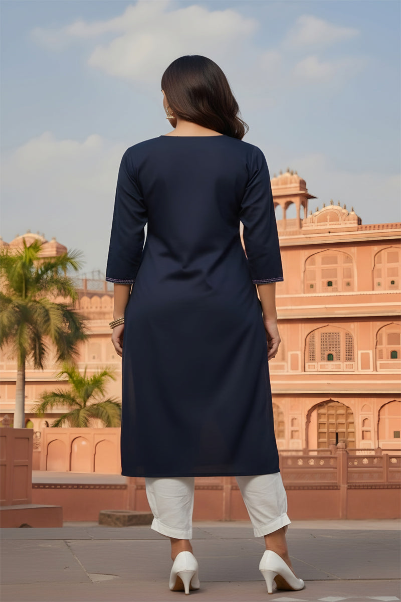 SRS Fashion Blue Embroidered Rayon Straight Kurta Set - Dista
