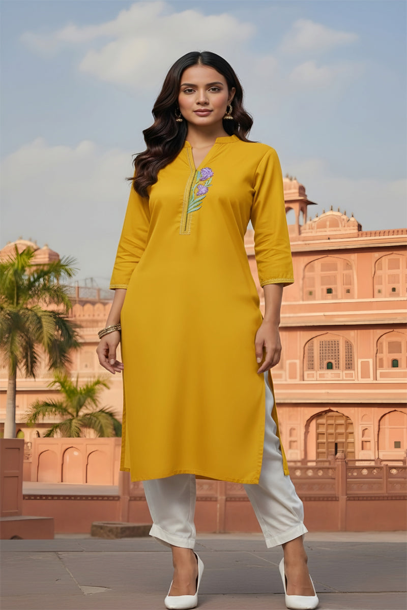 SRS Fashion Yellow Embroidered Rayon Straight Kurta Set - Dista