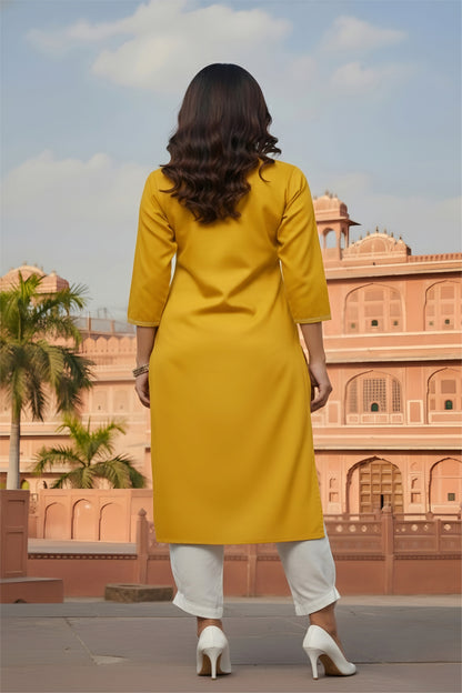 SRS Fashion Yellow Embroidered Rayon Straight Kurta Set - Dista