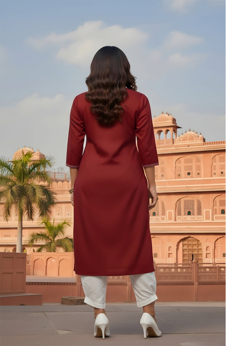 SRS Fashion Red Embroidered Rayon Straight Kurta Set - Dista
