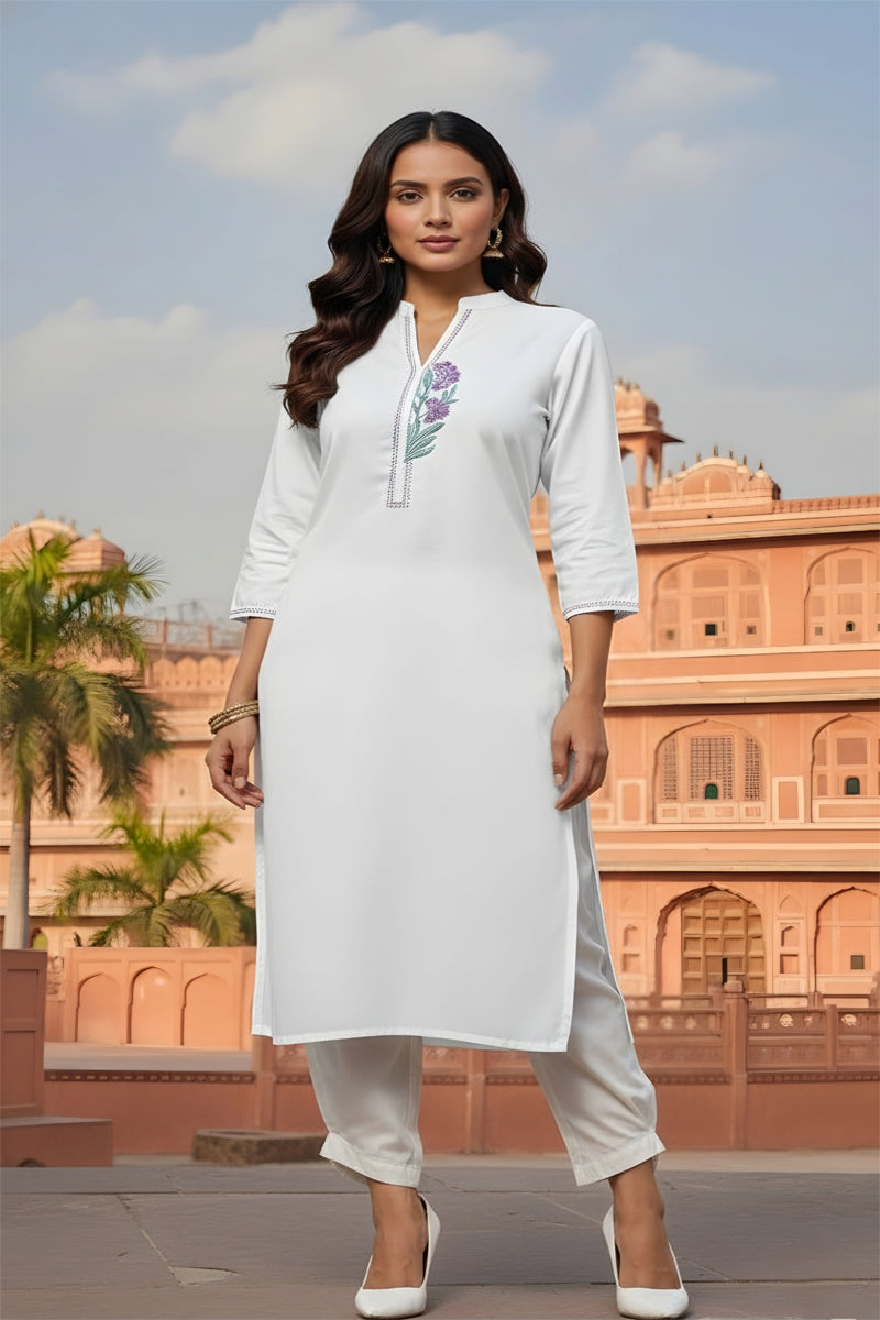 SRS Fashion White Embroidered Rayon Straight Kurta Set - Dista