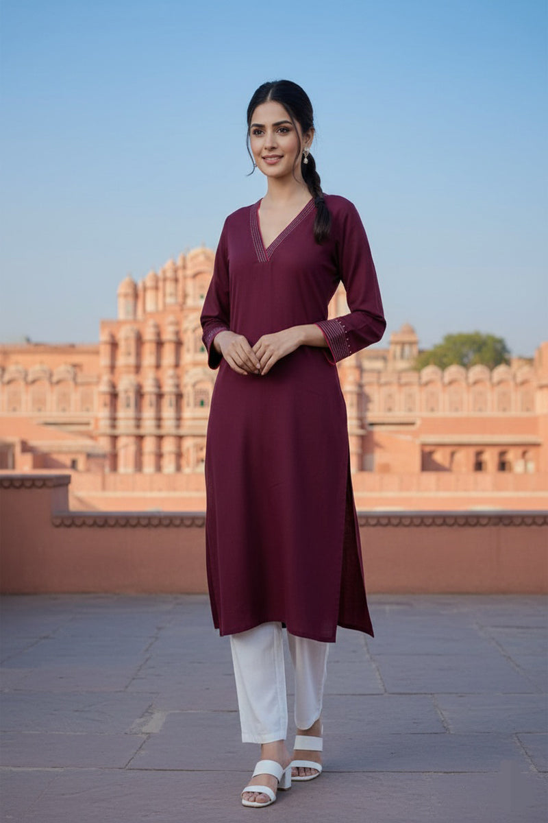 SRS Fashion Red Embroidered Rayon Straight Kurta Set - Dista