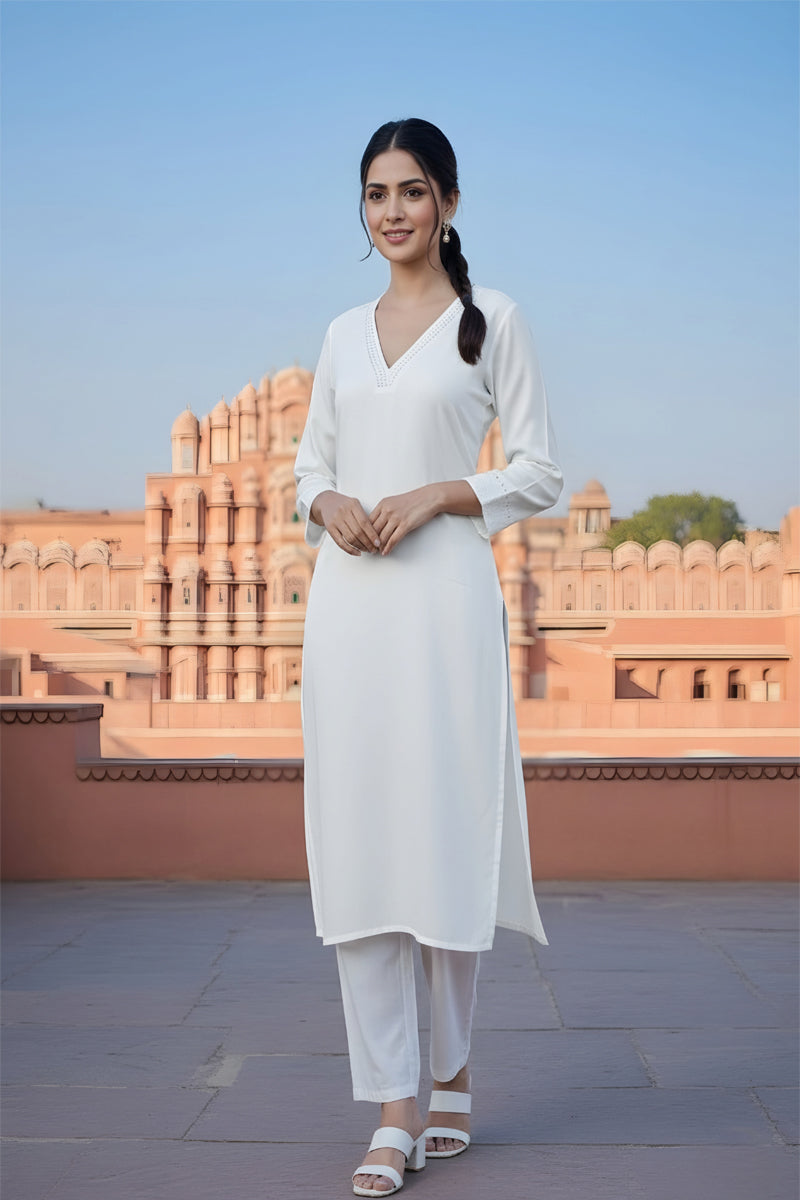 SRS Fashion White Embroidered Rayon Straight Kurta Set - Dista